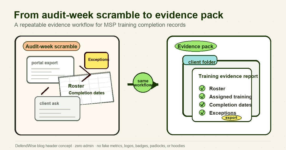 Illustration of scattered audit-week training records turning into a clean client-ready evidence pack.