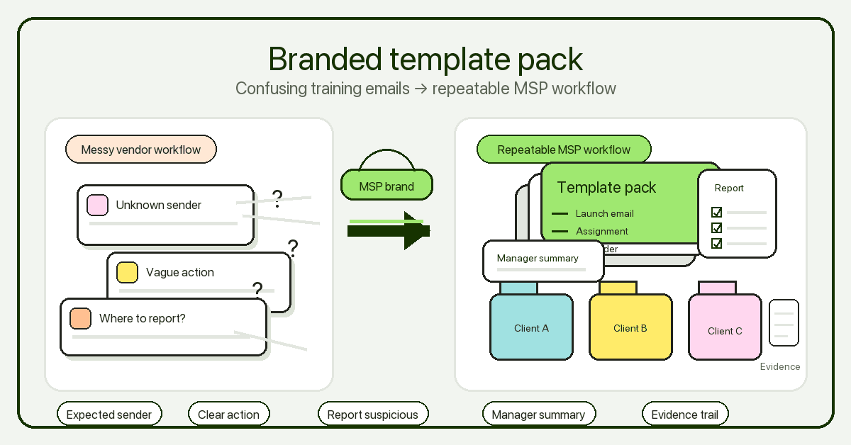 Illustration showing messy training email cards turning into a clean MSP-branded template pack with expected sender, clear action, reporting path, manager summary, and evidence trail labels.