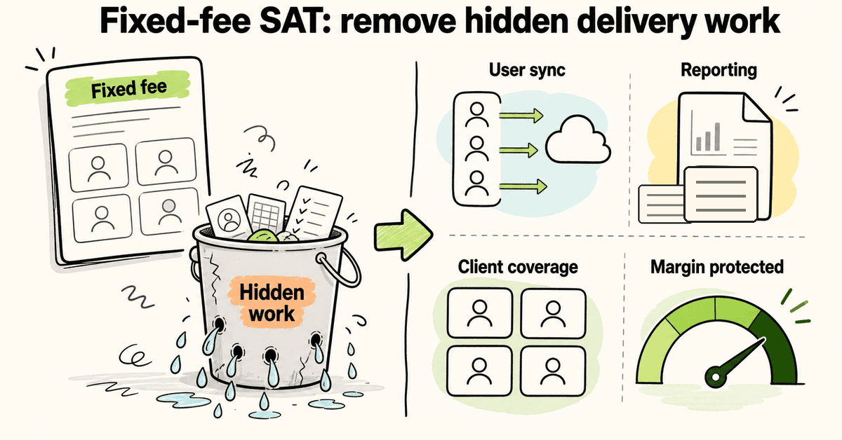 Hand-drawn comparison board showing hidden SAT delivery work being removed from a fixed-fee MSP service model through user sync, reporting, client coverage, and white-label delivery.