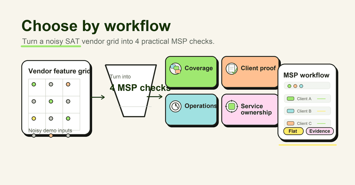 Doodle infographic showing a vendor feature grid turning into 4 MSP checks: coverage, operations, client proof, and service ownership.