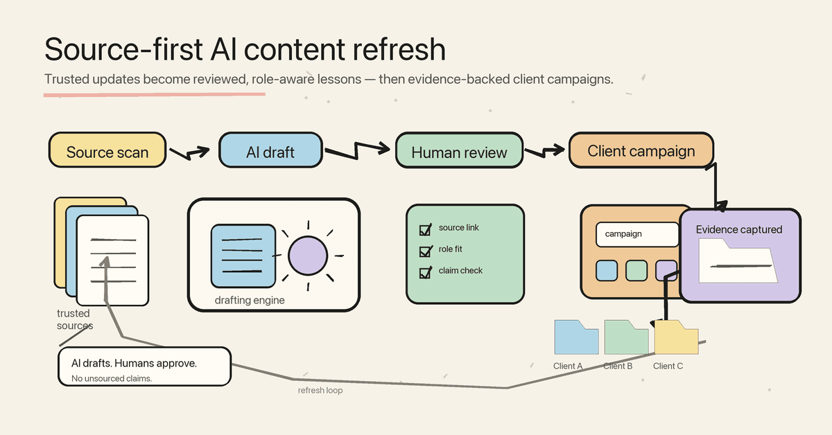 Illustration of source scanning, AI drafting, human review, client campaign release, and evidence capture for MSP security awareness training