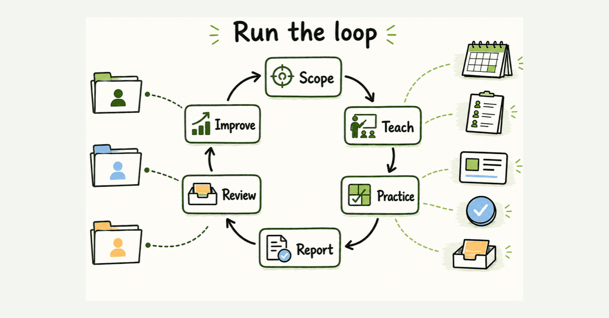 Hand-drawn continuous security awareness campaign loop showing scope, teaching, practice, reporting, review, and improvement, with 3 separate client folders keeping their own evidence.