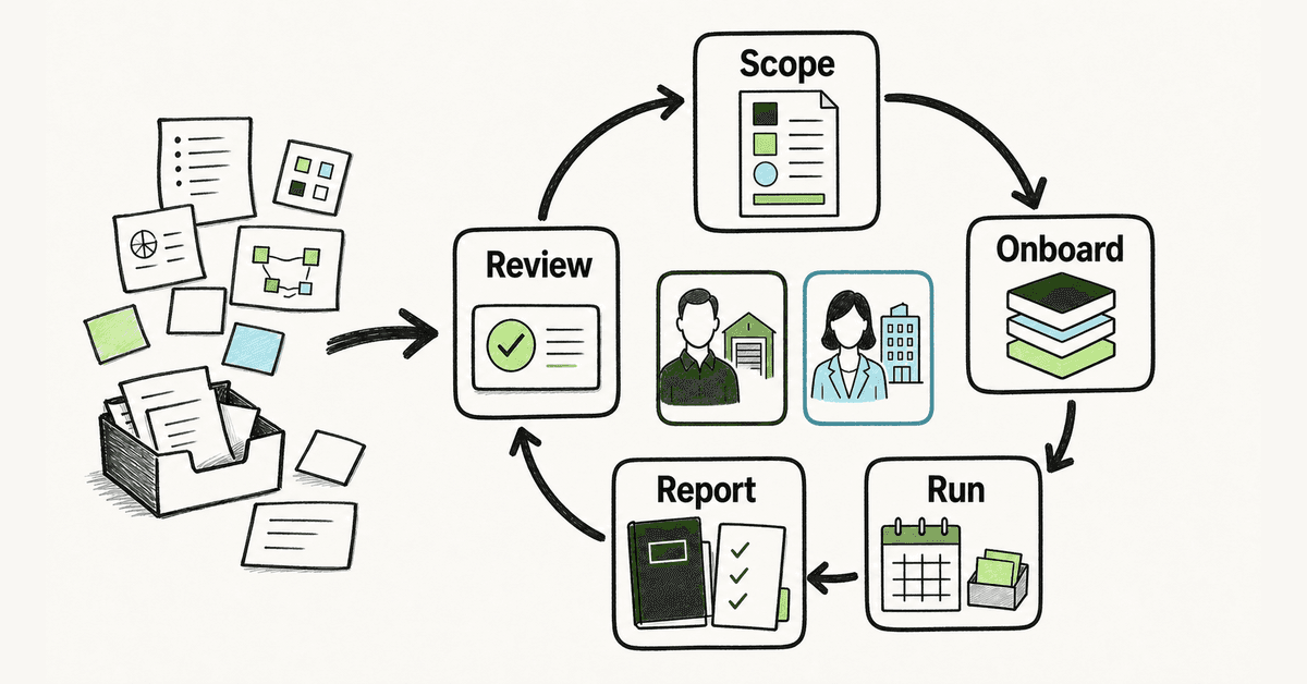 Hand-drawn comparison showing scattered security training content becoming a defined MSP service loop from scope and onboarding through delivery, reporting, and review.