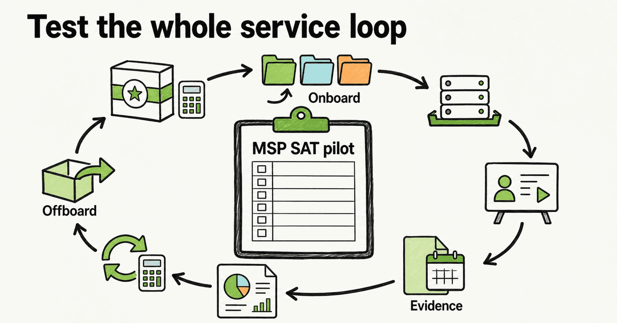 Hand-drawn infographic showing an MSP SAT buyer testing 8 connected service stages from packaging and onboarding through evidence, reporting, renewal, and offboarding.