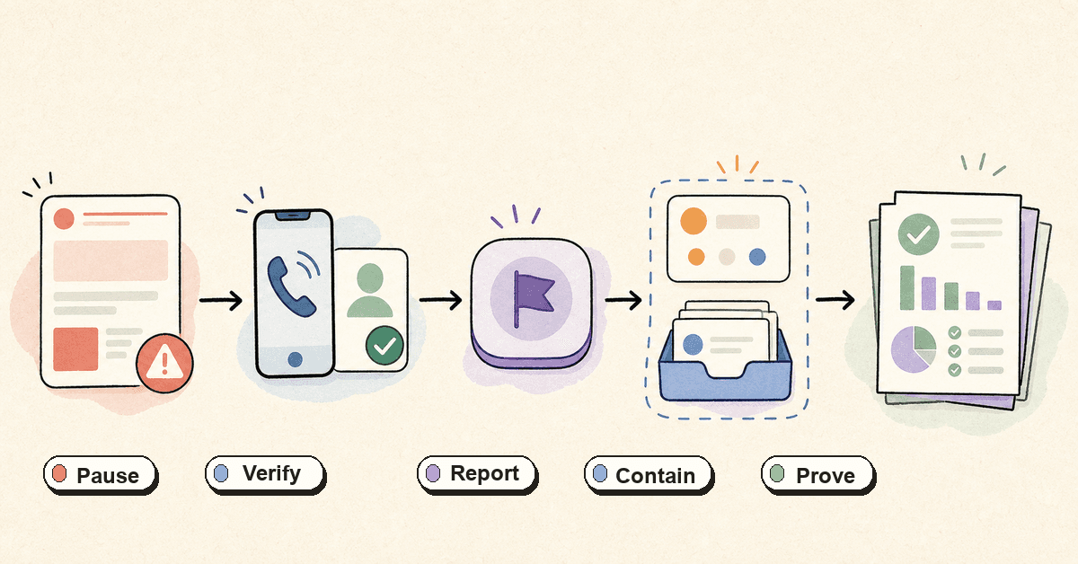 Doodle-style workflow showing a suspicious request moving through pause, verify, report, contain, and prove steps for MSP phishing prevention training.