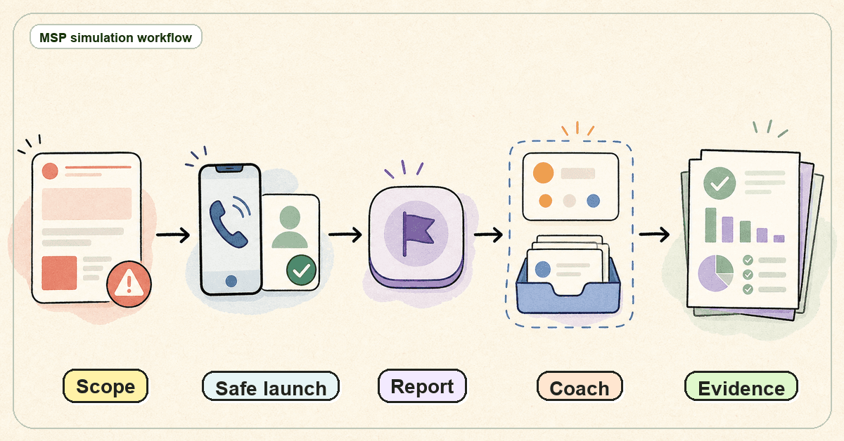 Doodle-style MSP workflow map showing phishing simulation moving from client scope to safe launch, reporting, follow-up, and evidence packs.
