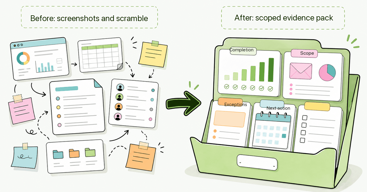Doodle infographic showing an MSP converting scattered awareness training records into a scoped cyber insurance evidence pack for a client.