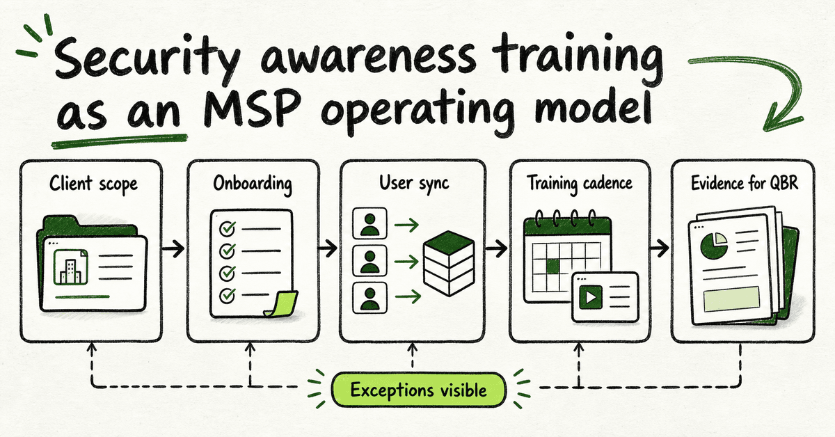 Hand-drawn DefendWise operator whiteboard showing security awareness training as an MSP operating model, flowing from client scope to onboarding, user sync, training cadence, and QBR evidence, with an exceptions-visible chip beneath the workflow.