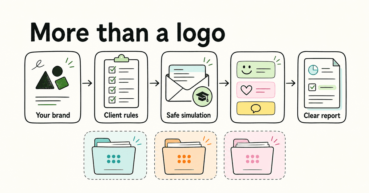 Hand-drawn 5-layer white-label phishing training service showing an MSP brand connected to client rules, a safe simulation, learner support, and a clear client report, with separate client folders reusing the same governed service model.