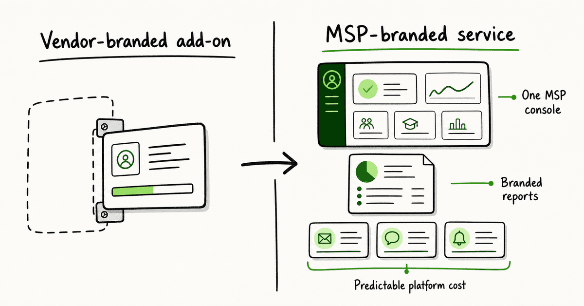 Hand-drawn before-and-after board showing a vendor-branded training add-on becoming an MSP-branded service with one console, branded reports, and predictable platform cost.