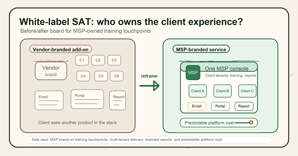 Doodle-style before-and-after graphic comparing vendor-branded security awareness training with an MSP-branded service. The MSP side shows one console, client tenant cards, branded training touchpoints, reports, and predictable platform cost.
