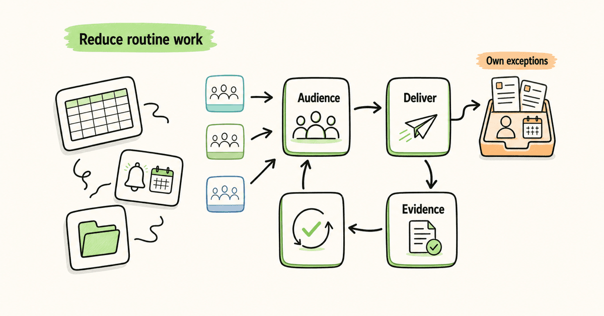 Hand-drawn DefendWise workflow showing scattered CSV, reminder, and report tasks becoming a clean audience, delivery, evidence, and review loop, with separate client cards and a small owned-exceptions tray.